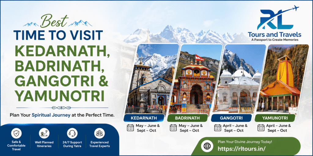 Best time to visit Kedarnath, Badrinath, Gangotri, and Yamunotri pilgrimage destinations with RL Tours and Travels.