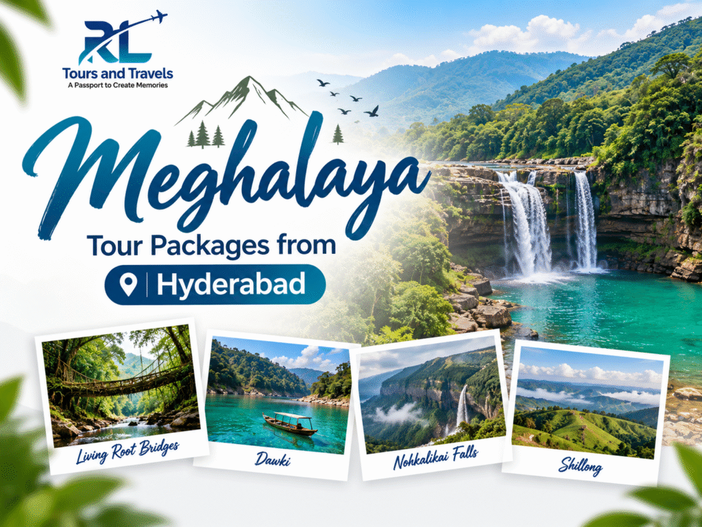 Meghalaya travel guide featuring green hills, waterfalls and the Umngot River.