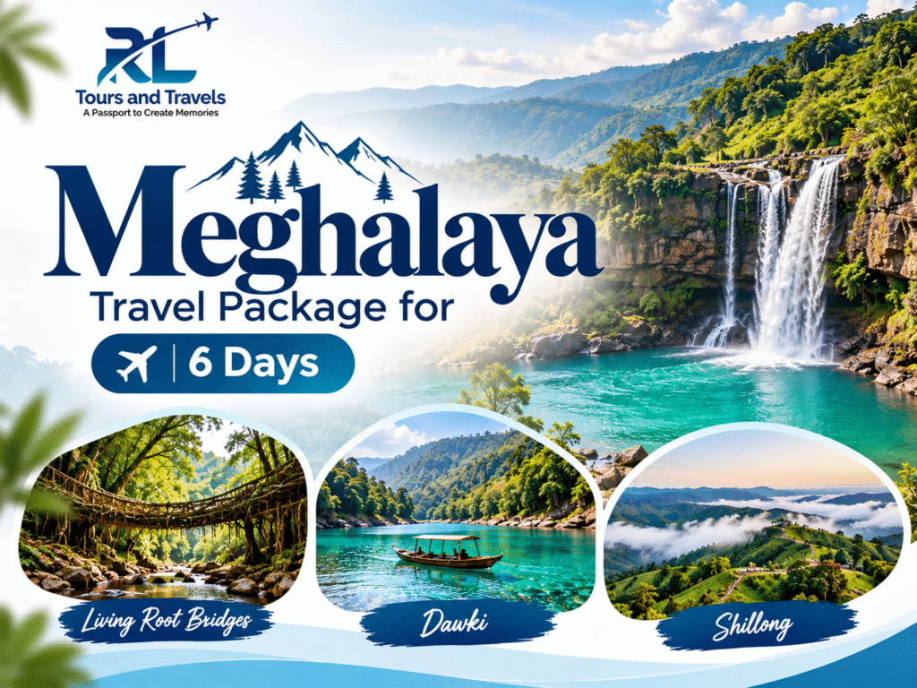 Meghalaya travel guide featuring green hills, waterfalls and the Umngot River.