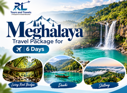 Meghalaya travel guide featuring green hills, waterfalls and the Umngot River.